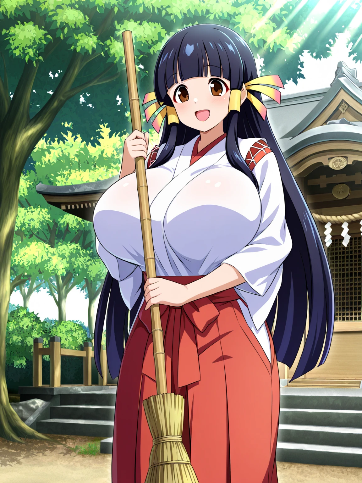 masterpiece, best quality, high resolution, 2D, anime cels, 8K,Official art, sakura, out doors, yamagami shino, final romance, final romance 4, 1girl, (huge breasts:1.2), miko, (runing), cowboy shot, black hair, looking away