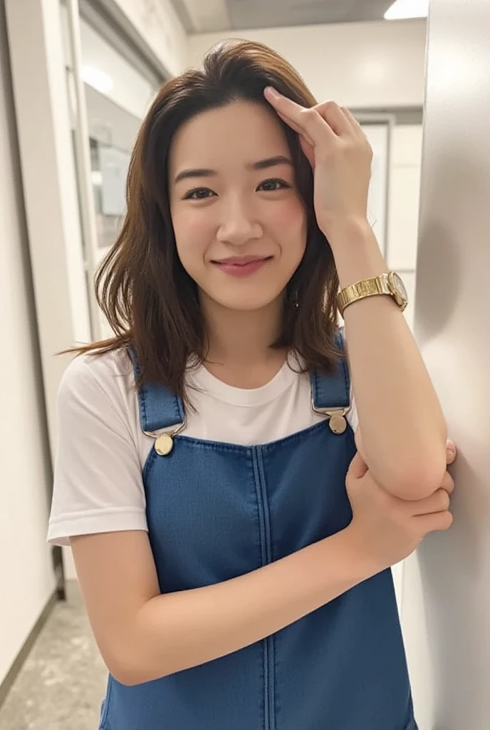 ((best quality:1.2)), ((masterpiece:1.2)), (detailed:1.2), 1 girl, perfect indonesian face, messy bun hair, chubby body, blue casual loosely dress with jeans, real skin texture, hyperrealistic image,