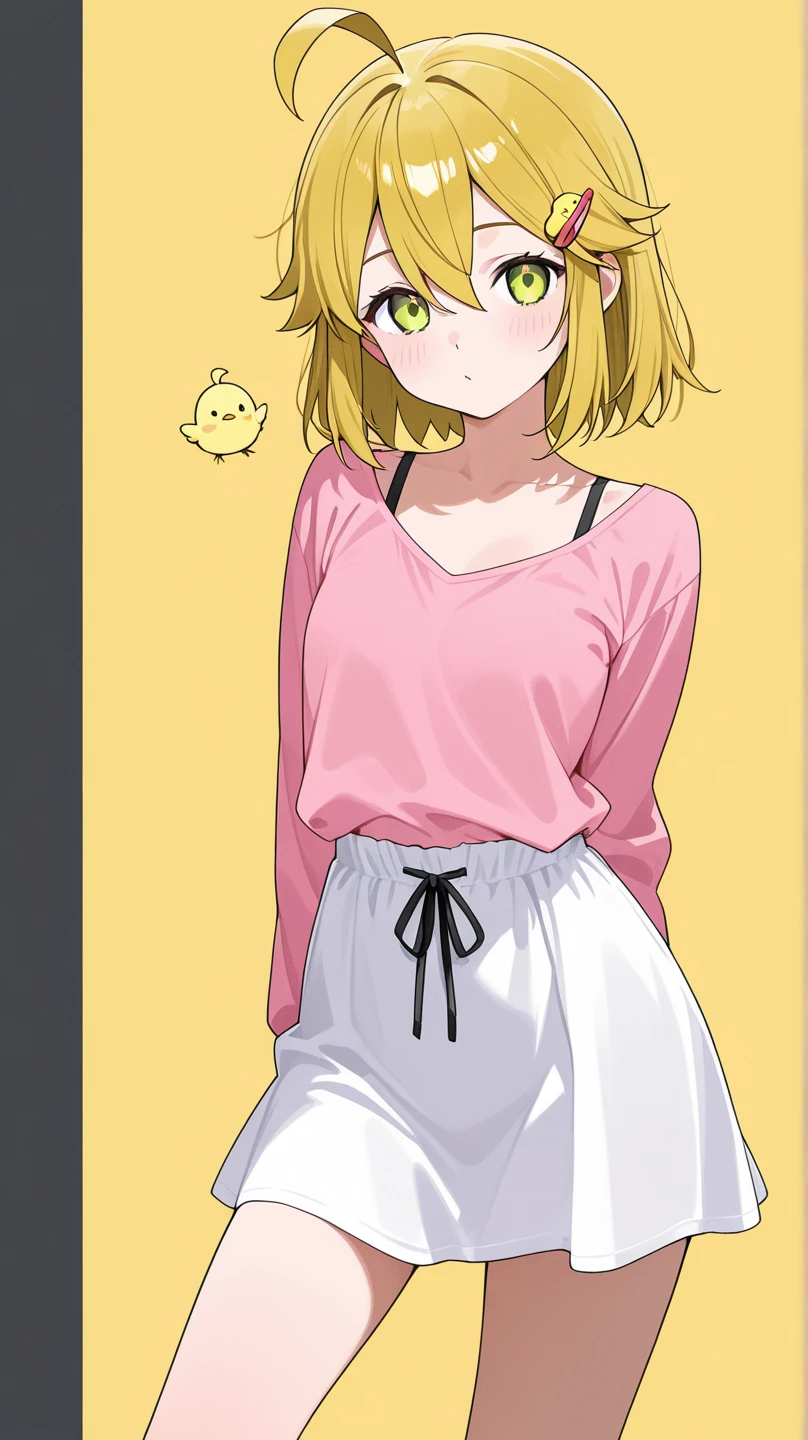 Ashley,Woman,adult,30years,Short yellow hair,White-panties,yellow eyes,orange sweater,large breasted, big-ass,anime image.
