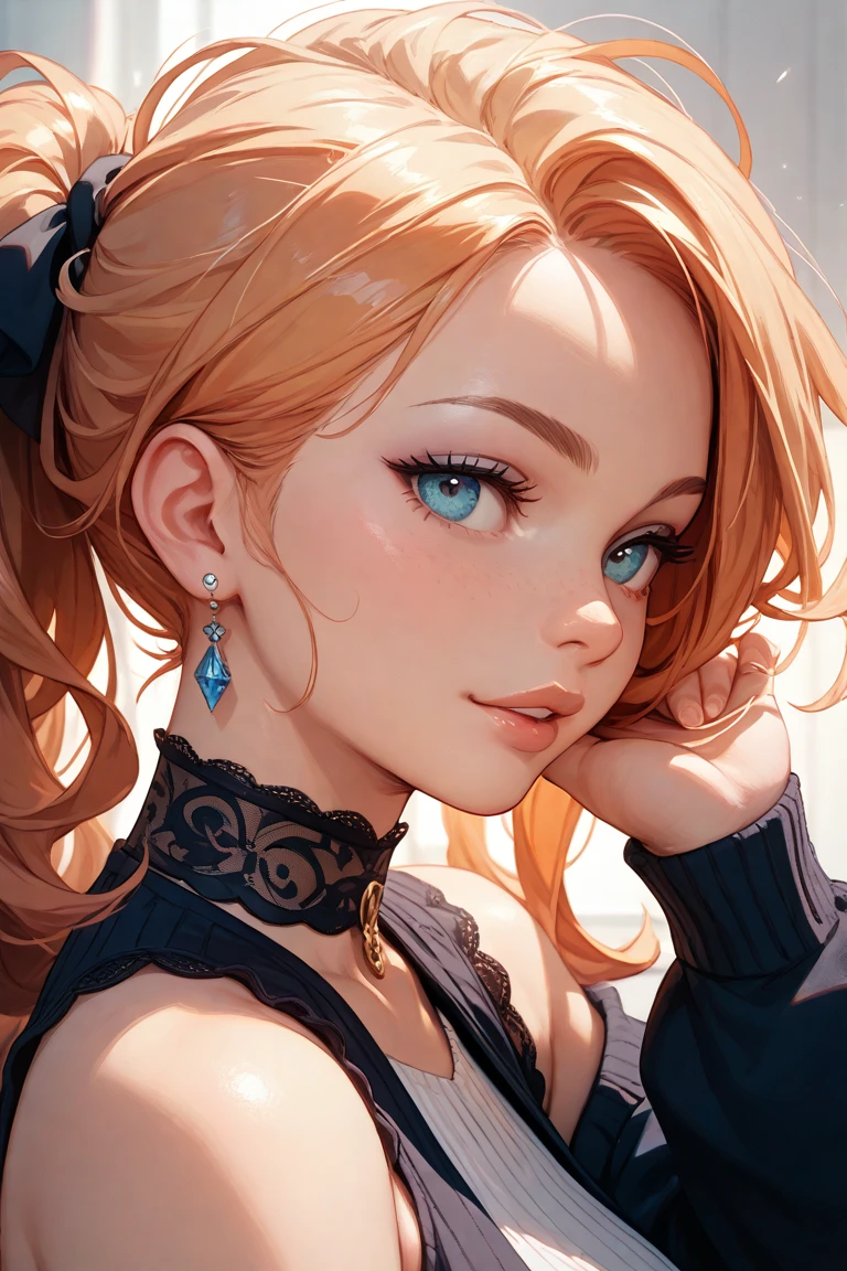 (best quality,highres),(realistic:1.37),(portrait),(studio lighting), ,solo mature woman,curvy, huge breasts, giant ass,straight strawberry blonde hair, dusty blue eyes,full lips, seductive, choker, cheerleader uniform