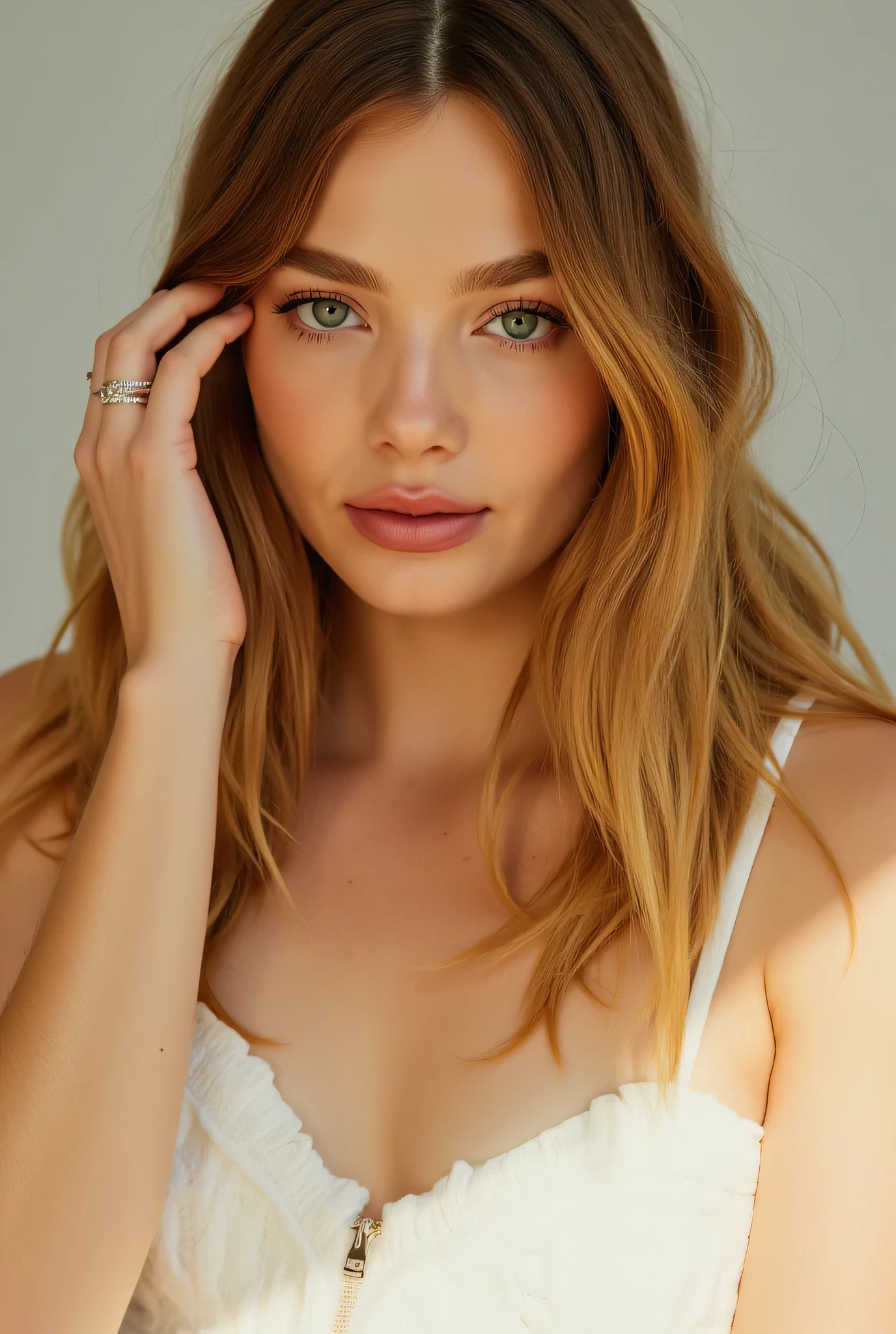 Реалистичное портретное фото красивой женщины со lightлыми волосами,
slightly faded hair roots, turkish , Influencer , light, freckles, brown eyes, without makeup, instagram”