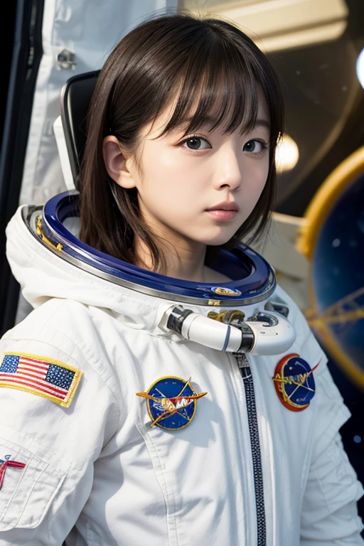 Japanese girl in space suit looking at earth from window, 15 years old, space station, cinematic shot, sci-fi movie scene, ((masterpiece, best quality, award winning, highest resolution, photorealistic, raw photo, 8K wallpaper))