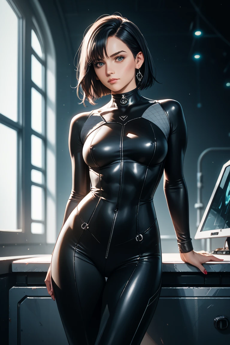 solo, super fine photo, portrait digital art Unreal Engine 5 8K UHD of a girl, concept art, character concept design, fetish clothing, rubber clothes, wearing white latex bodysuit with straps and belts, long black latex gloves with straps, latex high heels, short hair, seducing face, cyberpunk fashion design, sitting and in futuristic bedroom, fantasy background, best quality, masterpiece, super detailed, sharp focus, female pose
