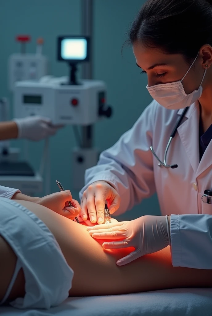 Gynecologist doctor opening the pussy of a naked teenage patient lying on a table during an examination