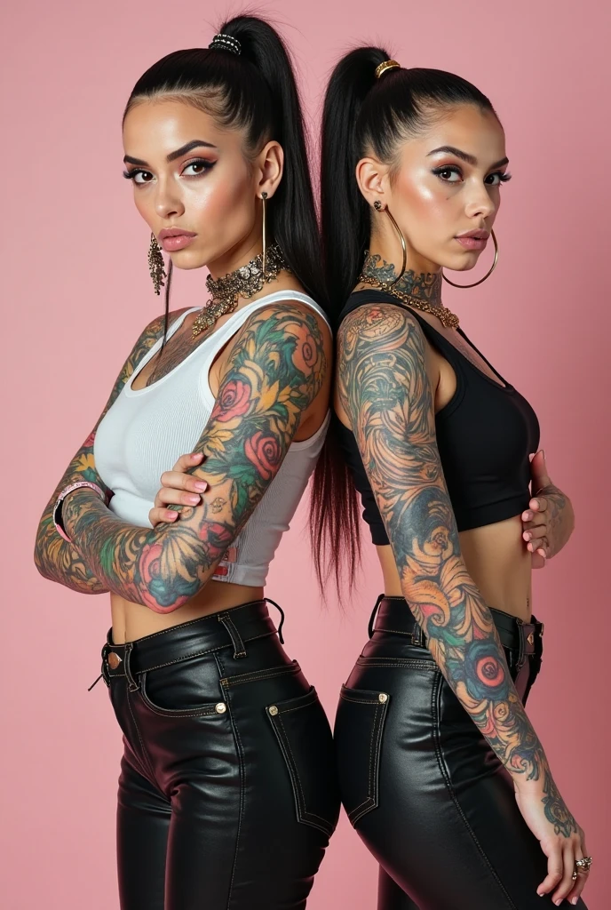 full-body photo of two dark-skinned tattooed young womans, twins, with long hair and brown eyes, dressed only in a short white net dress, setting is a nighttime beach bar in Mexico