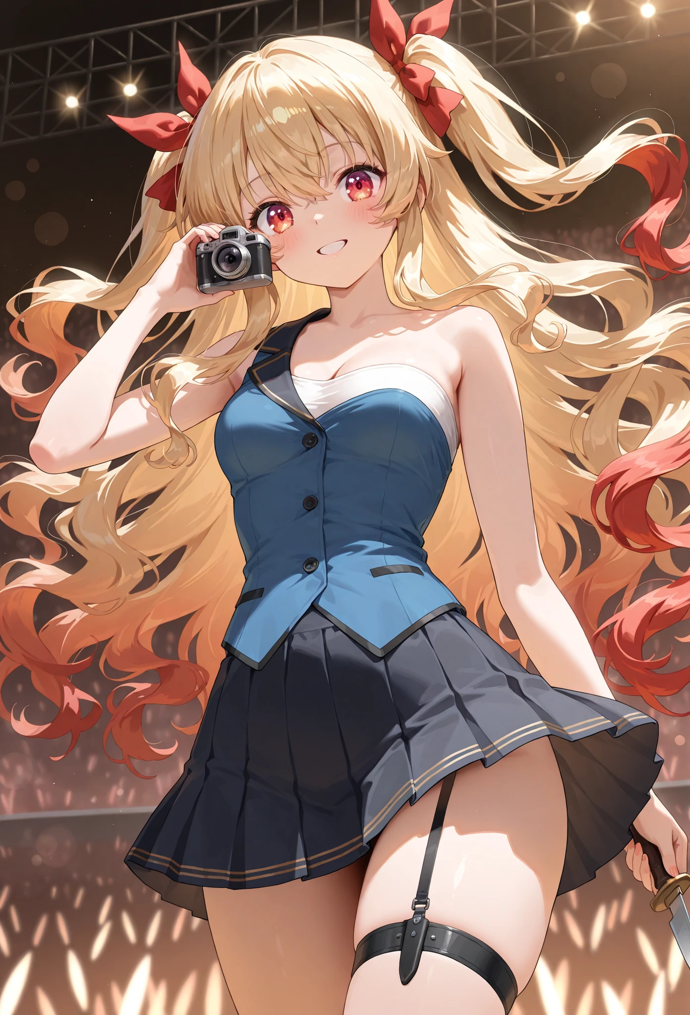 8k, ultra high resolution, hyper-detailed anime style, vibrant cinematic lighting, (anime woman:1.3), (medium-framed portrait head to mid-thigh:1.1), (one-shoulder fitted blue vest with black trim and gold piping:1.2), (white sleeveless crop shirt with glossy buttons:1.1), (navy knife-pleated mini skirt with asymmetrical white panel:1.1), (visible cleavage through vest opening:1.0), (gold hair in loose wavy layers with red ribbon bow:1.2), (bright engaging eyes with natural dimples:1.1), (wireless microphone in right hand:1.0), (sheer black thigh bands with garter straps:1.0), (camera at eye level using 85mm f/2.0 for shallow depth of field and creamy bokeh:1.0), concert stage with steel truss grid, moving head fixtures and LED PAR cans casting intersecting amber and white beams through theatrical fog, audience silhouettes and ribbons of stage lights softly blurred