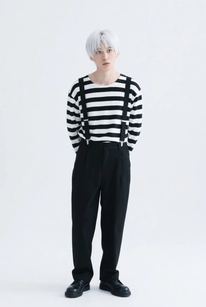 I want a boy inspired by a mime,with short white hair that covers his face a little and with a black cap,a black and white striped shirt and completely black pants