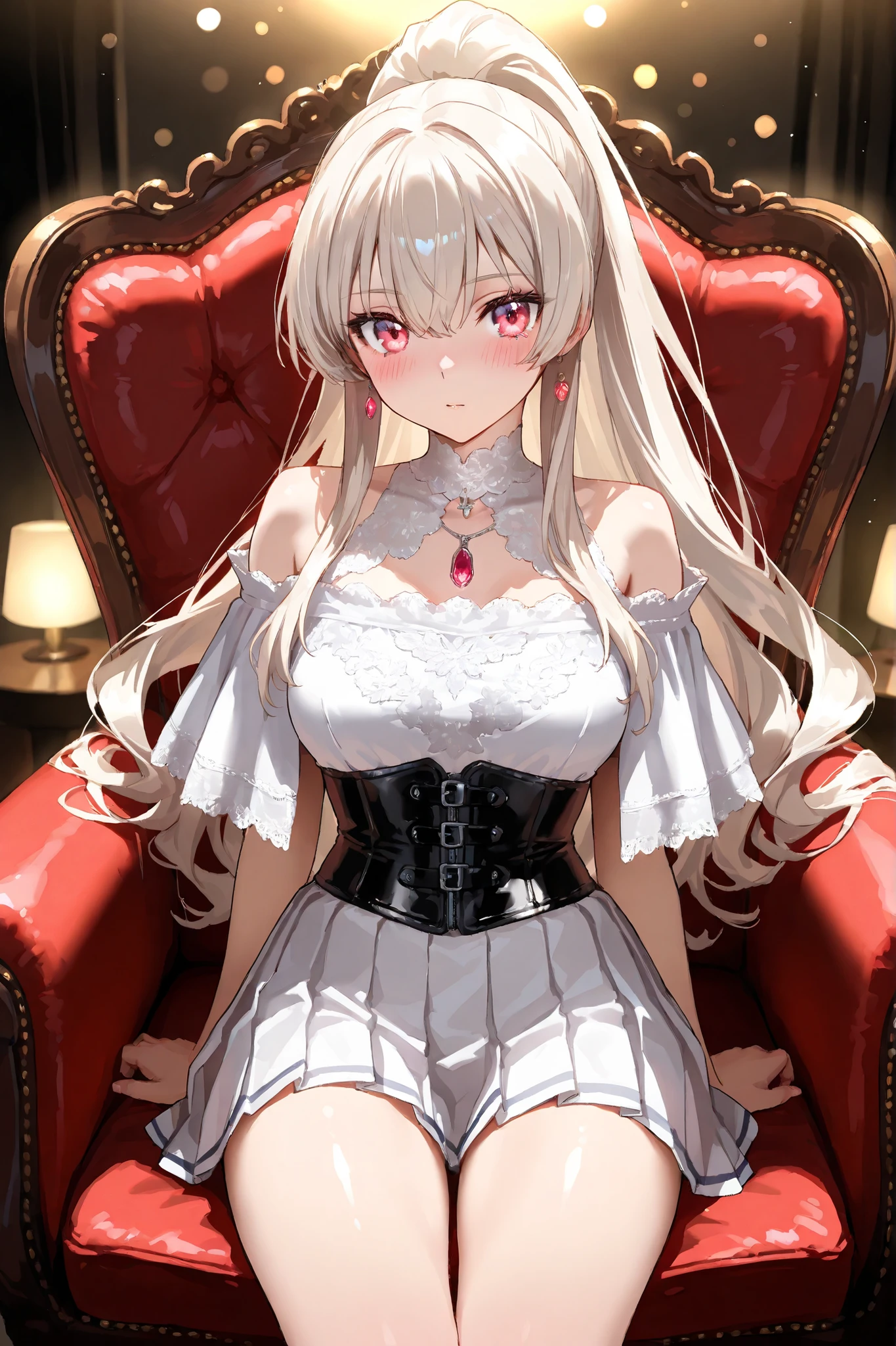 8k, ultra high resolution, hyper-detailed anime style, cinematic lighting, (anime woman:1.3), (medium-framed portrait head to mid-thigh:1.1), (ivory lace-trim chiffon capelet off-shoulder:1.2), (fitted black leather corset with silver eyelets and embossed seams:1.1), (vibrant crimson satin pleated mini skirt:1.1), (platinum blonde high ponytail with wispy bangs:1.1), (bright engaging eyes with soft dimples:1.0), (natural makeup matte complexion soft rose blush defined eyelashes:1.0), (soft diffused key light with gentle rim light:1.0), (camera eye level 85mm f/2.0 lens shallow depth of field:1.0), (creamy bokeh:1.0), seated on dark mahogany chair with carved armrests and tufted white leather cushion, amber string lights casting warm glowing orbs, deep charcoal walls with flickering sconce, plush Persian rug, brass-framed side table with succulent
