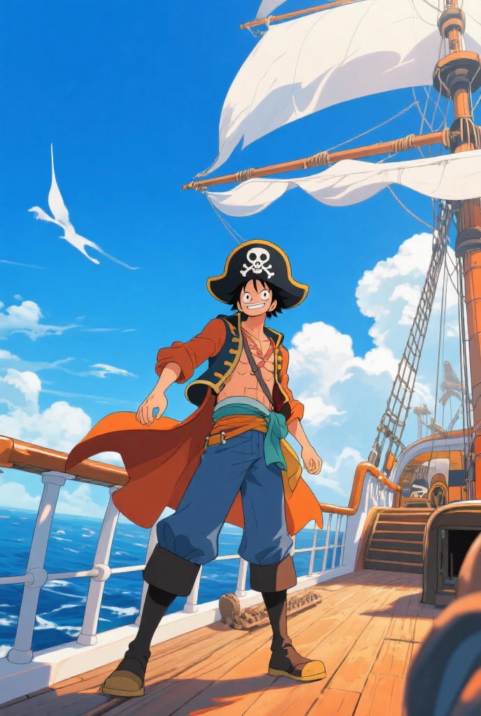 Desenhe uma cena realista do personagem Monkey D. Luffy, o protagonista do anime One Piece, sentado calmamente na proa do Thousand Sunny, seu navio pirata. Luffy is wearing his signature red t-shirt, blue pants, and his iconic straw hat. He is looking at the horizon with a determined and relaxed expression at the same time.. The sun is setting in the background, Painting the sky with warm shades of orange and red. The ship sails smoothly over the blue ocean waters, com suas velas inchadas pelo vento. Ensure character, ship and seascape details are accurate and realistic, with appropriate shadows and lighting to create an immersive and captivating atmosphere