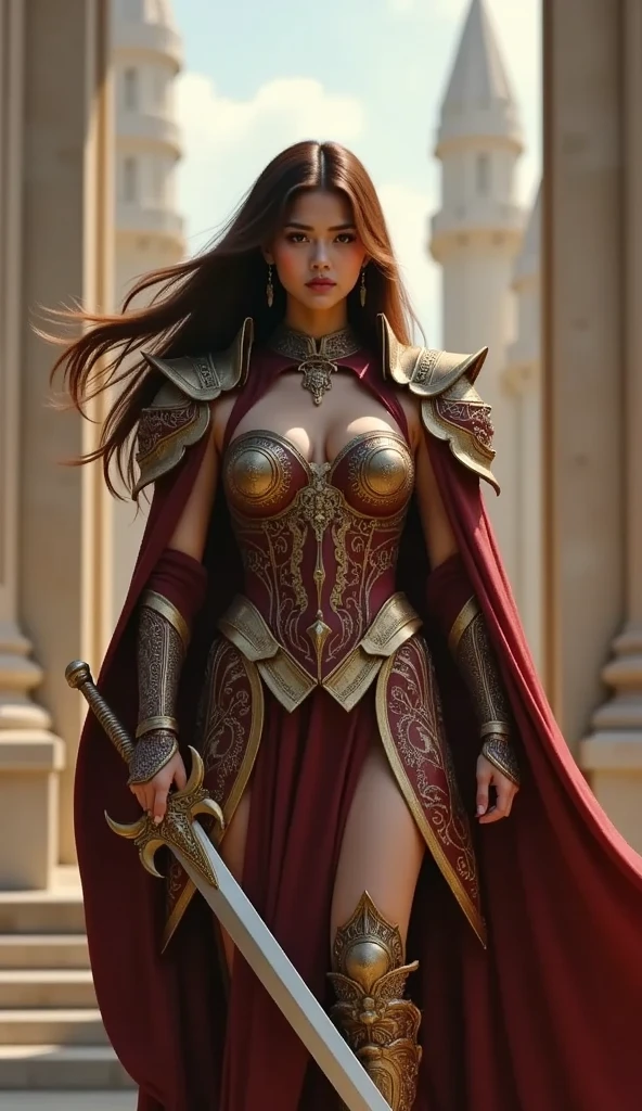 (masterpiece, world art piece, best quality, ultra-detailed, ultra-realistic), (highly detailed CG illustration), cinematic light, photorealistic ,extremely beautiful and sexy young lady, most sexy feminine makeup appearance, large breasts, intricate detailed eaba, red & gold cape, twin blade