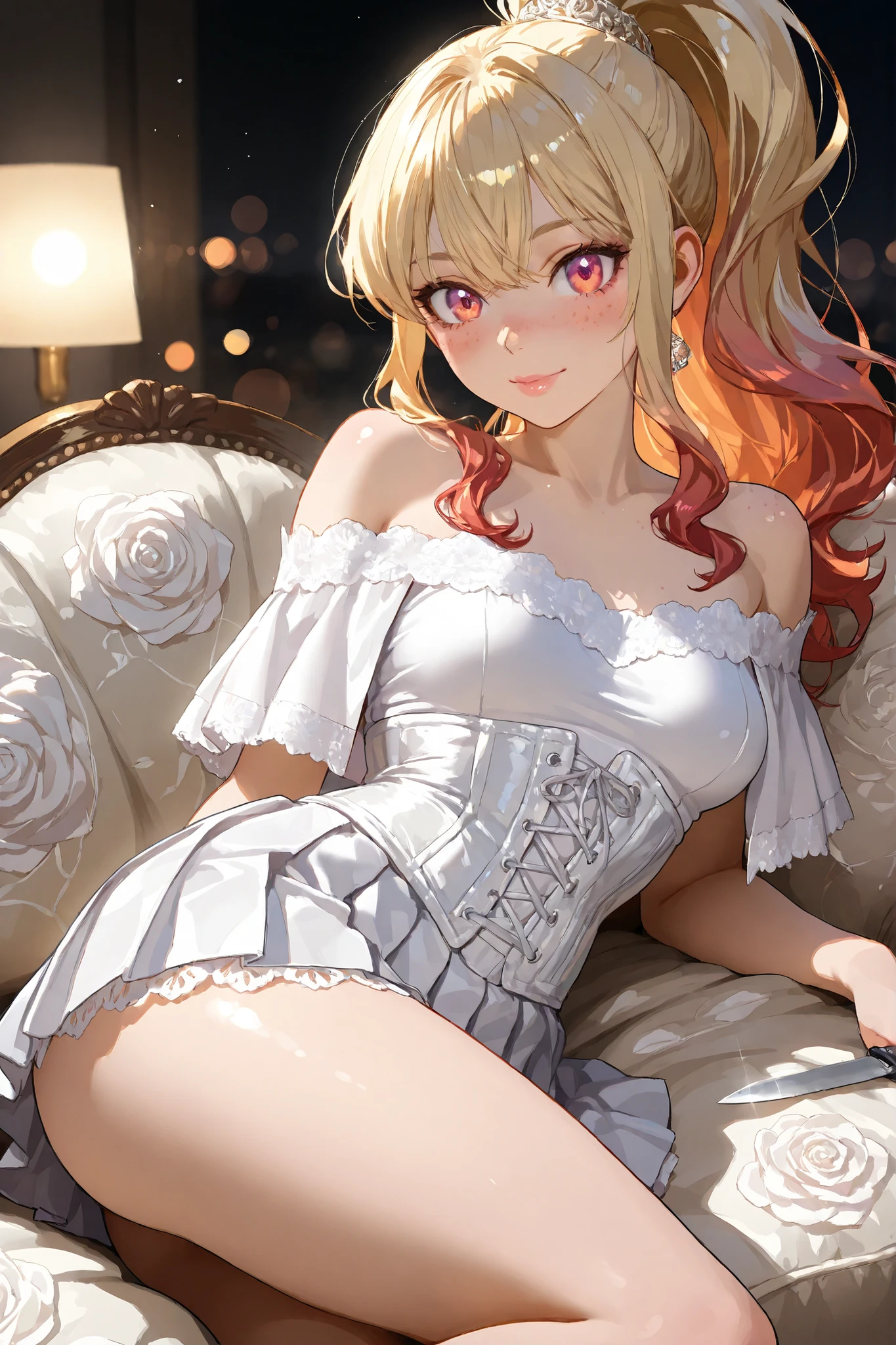 8k, ultra high resolution, hyper-detailed anime style, cinematic lighting, (anime woman:1.3), (medium-framed portrait head to mid-thigh:1.1), (slender figure:1.1), (golden hair in high ponytail with wispy bangs:1.2), (bright engaging eyes with soft dimples:1.1), (natural matte makeup with soft rose blush and nude pink lips:1.0), (realistic skin microtexture with faint freckles:1.0), (ivory lace-trim chiffon capelet off-shoulder with scalloped floral edge:1.2), (fitted black leather corset with silver eyelets and embossed seam lines:1.1), (vibrant crimson satin pleated mini skirt with knife pleats:1.1), (soft diffused key light with gentle rim light accentuating hair strands and fabric edges:1.0), (camera eye level 85mm f/2.0 lens for shallow depth of field and creamy bokeh:1.0), seated on dark mahogany carved chair with tufted white leather cushion, warm amber string lights casting glowing orbs, deep charcoal walls with flickering sconce, plush Persian rug and brass side table with succulent, background softly blurred into bokeh