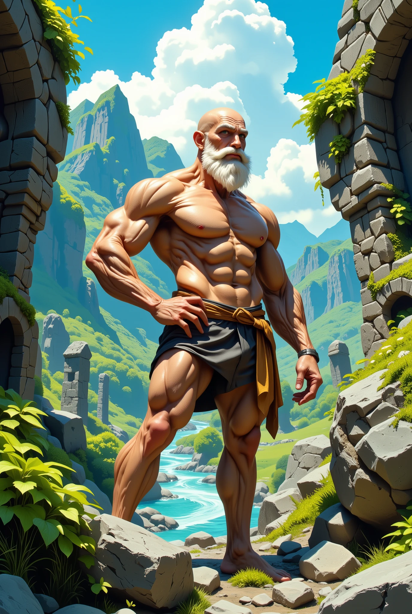 A strong, handsome man stands among the stone ruins. He looks into the distance from under his arm. He's wearing only thin, loose trousers. The man is depicted with a very detailed muscular physique, showing a strong, weathered appearance with pronounced veins and wrinkled, aged skin. He has fair, sun-weathered skin, a long white beard, and a bald head. A humorous cartoon-style drawing, shimmering with bright greens and blues, with bright sunshine on a bubbling stream waiting in the wings.