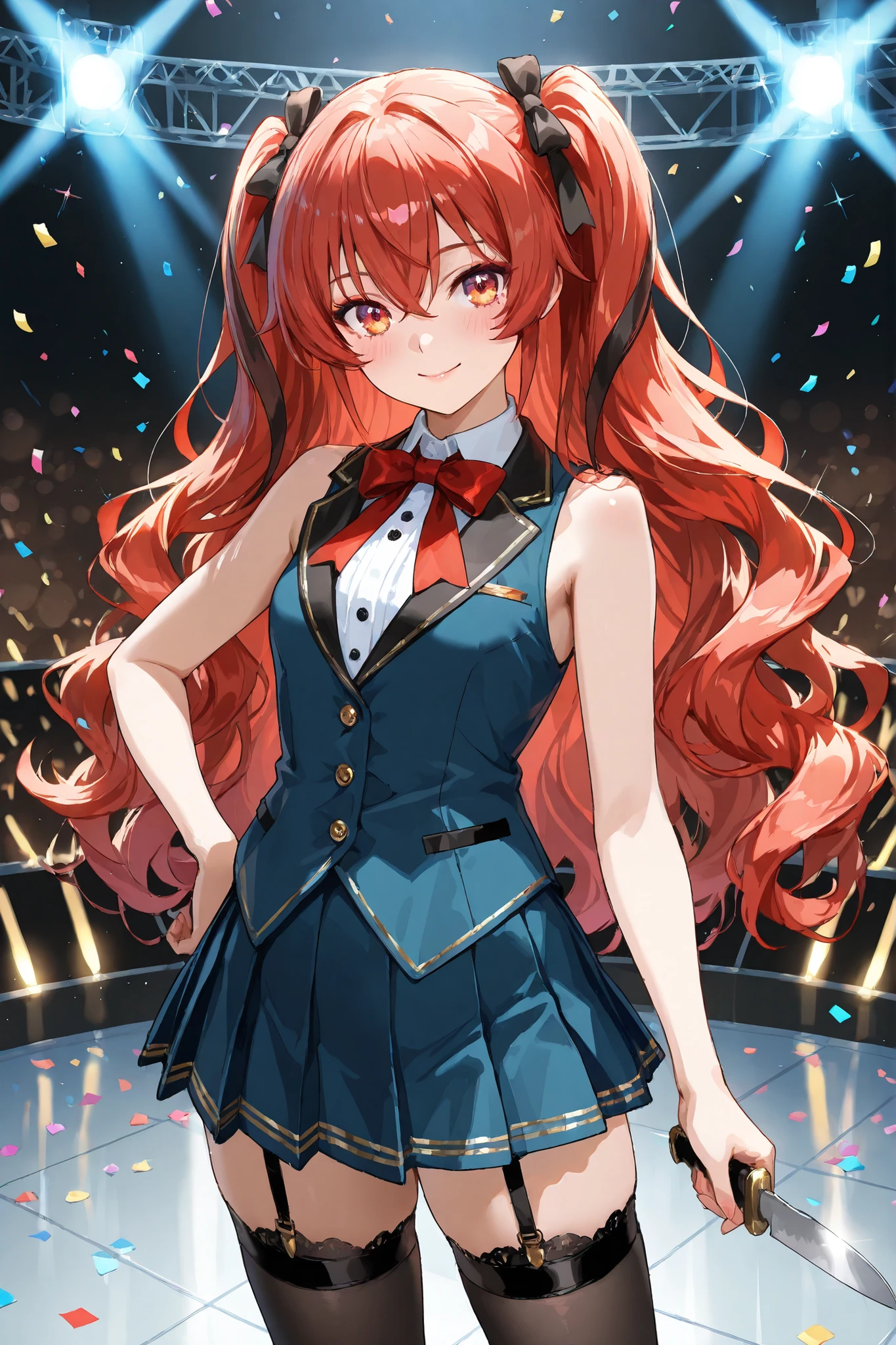 8k, ultra high resolution, hyper-detailed, anime style, cinematic lighting, (anime woman:1.3), (medium-framed portrait head to mid-thigh:1.1), (slender figure:1.1), (blue tailored vest with black trim and gold piping:1.2), (white sleeveless crop shirt with glossy buttons:1.1), (navy knife-pleated mini skirt with asymmetrical white panel:1.1), (sheer black thigh bands with garter straps:1.0), (loose wavy hair with red ribbon bow:1.1), (bright engaging eyes with warm smile:1.0), (natural matte makeup with soft peach blush and nude lip tint:1.0), (realistic skin microtexture with subtle sheen:1.0), (wireless microphone in right hand:1.0), (left hand on hip:1.0), (dramatic spotlights amber, cool white, magenta, teal beams through haze:1.0), (camera eye level 85mm f/2.0 lens for shallow depth of field and creamy bokeh:1.0), concert stage with brushed steel floor panels, industrial trusses, LED screens displaying abstract patterns, scattered metallic confetti, blurred audience silhouettes:1.0