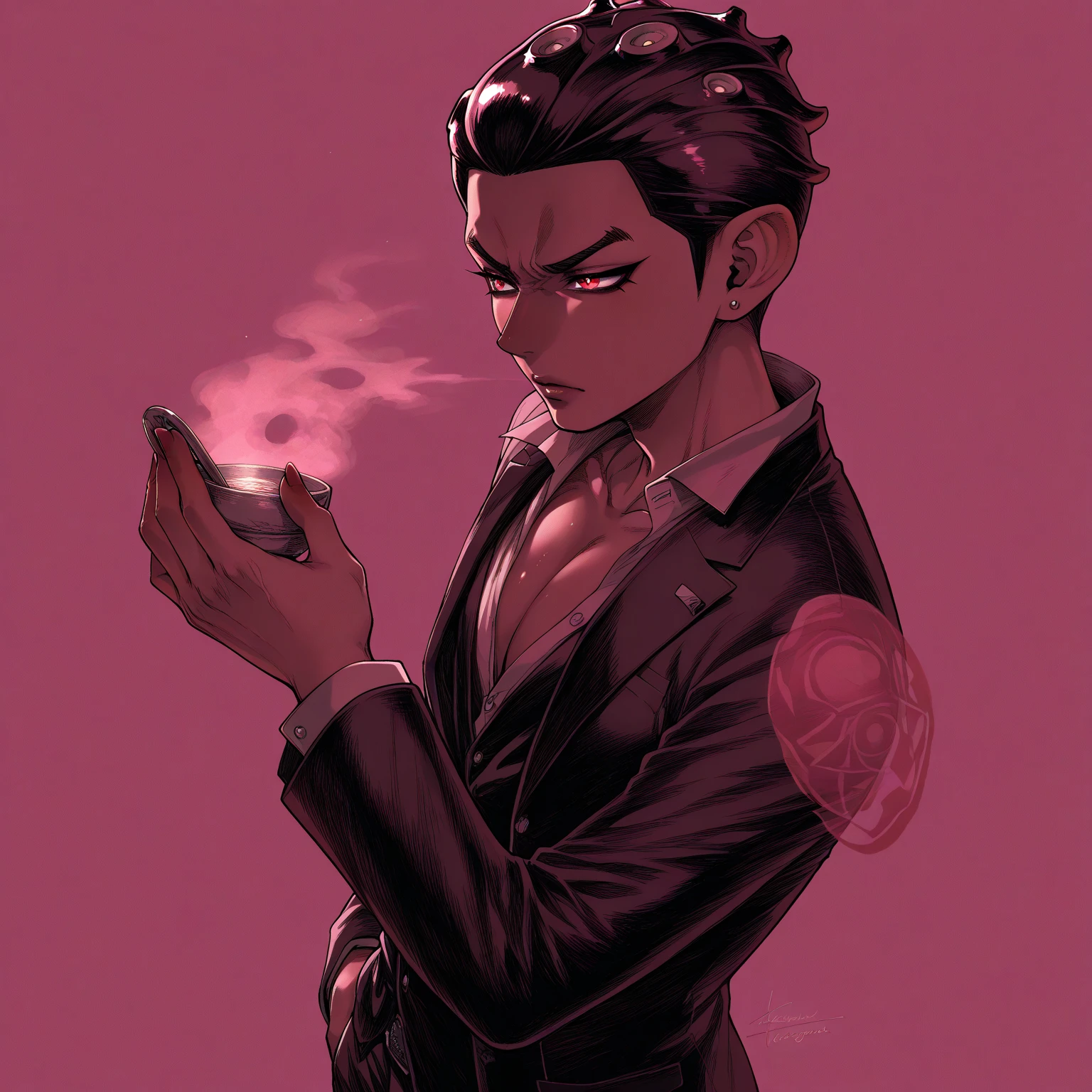 Create a stunning adult male cartoon character in pink with red devil horns, a glass of wine in his hand and looking like a hot anime guy in a suit