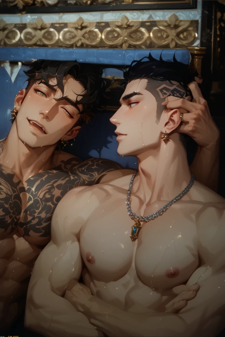 Two beautiful men who look exactly the same touches each other in a closed room,masterpiece,highest quality,High contrast, 19 broken, The upper body is naked, closeup cleavage, (High-quality watercolor drawing:1.5), Taiwanese, Correct anatomy, Elongated eyes, Interactive expressions, short detailed hair, The two are highly interactive, slender bodies, erotic, shorts, White sox, shoeless,