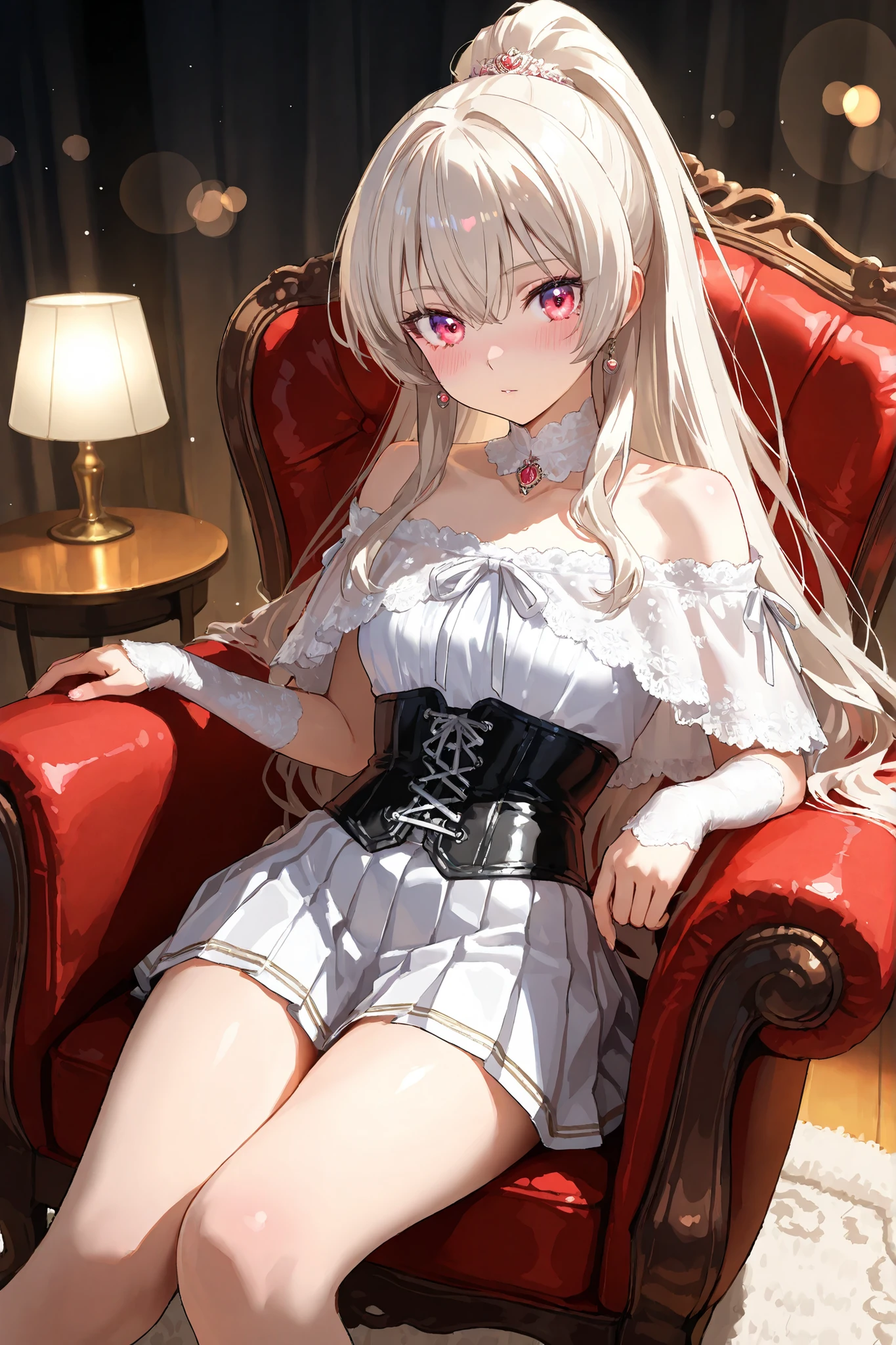 8k, ultra high resolution, hyper-detailed anime style, cinematic lighting, (anime woman:1.3), (medium-framed portrait head to mid-thigh:1.1), (ivory lace-trim chiffon capelet off-shoulder:1.2), (fitted black leather corset with silver eyelets and embossed seams:1.1), (vibrant crimson satin pleated mini skirt:1.1), (platinum blonde high ponytail with wispy bangs:1.1), (bright engaging eyes with soft dimples:1.0), (natural makeup matte complexion soft rose blush defined eyelashes:1.0), (soft diffused key light with gentle rim light:1.0), (camera eye level 85mm f/2.0 lens shallow depth of field:1.0), (creamy bokeh:1.0), seated on dark mahogany chair with carved armrests and tufted white leather cushion, amber string lights casting warm glowing orbs, deep charcoal walls with flickering sconce, plush Persian rug, brass-framed side table with succulent