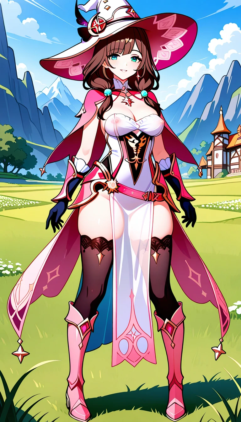 "(masterpiece:1.1), best quality, NSFW, 
1girl, (80s anime style:1.3), (eyelashes:1.5), (loli:1.2), 
(intricate high detailed body:1.2), 
red hair, (hair over one eye:1.1), (long hair, straight hair:1.1), (hair ornament:1.2), 
purple eyes, (red lip stick:1.3), 
(pale skin:1.3), (gigantic breasts:1.1), 
(shy:1.2), (blush:1.1), 
(see-through leotard armor, underboob cutout:1.2), (pantyhose:1.2), 
(knight armor, armored boots:1.2), (fur:1.1), (jewelry:1.1), long gloves, 
standing, 
(full body:0.8), (looking at viewer, from front:1.1),
(daytime, grassland, outdoors:1.2)"