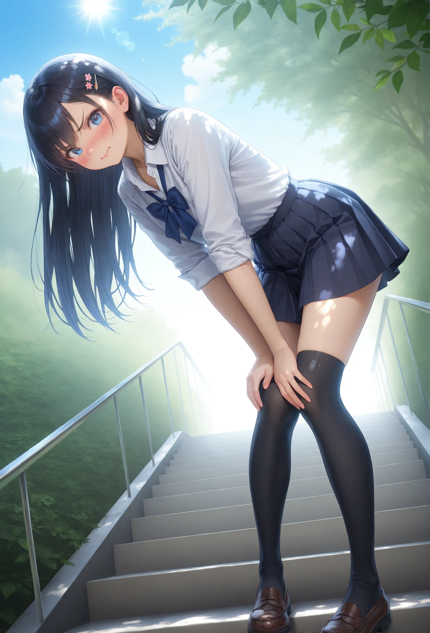 masterpiece, best quality, ultra high resolution, highly detailed, sharp focus, photorealistic illustration, 8k,
((1girl:1.3)), young woman, Japanese schoolgirl, (school uniform:1.2), long straight hair, hairpin accessory, blue eyes with subtle scowl (1.2), cheeks flushed like blush (1.3), cheeks slightly puffed (1.1), embarrassed expression,
white button-up blouse rolled sleeves untucked,
blue pleated mini skirt with pinstripes (1.3), black thigh-high socks (1.2), slender legs with knees inward knock-kneed stance (1.3),
(hand positioned front pressing mini skirt hem downward for coverage protective pose:1.2),
(low angle:1.3), standing on outdoor stairway, direct gaze toward viewer, teasing yet modest posture, dynamic perspective, full body,
background of glass atrium roof with metal beams, clear blue sky, scattered clouds, distant greenery, sunlight streaming through glass, dappled light on stairs, realistic shadows,
anime style, cinematic rim light, soft daylight, volumetric light rays, vibrant color grading, subtle lens flare, HDR,
35 mm lens, f/1.8, shallow depth of field, immersive focus, Unreal Engine render, ray tracing