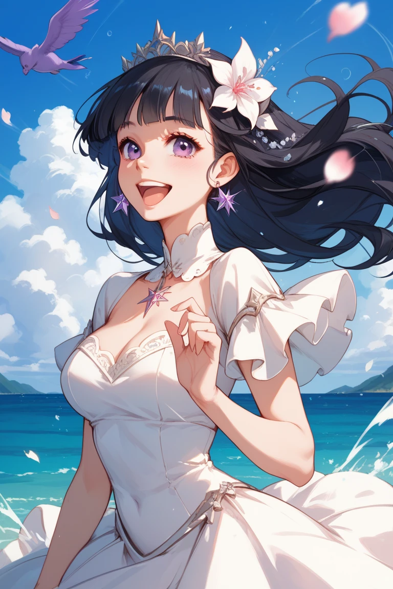 1 girl,kawaii,Detailed face, blue clear eyes ,looking at the audience,focus,masterpiece,best quality, high resolution,8k,complex,elegant,Very detailed,Dynamic lightingBREAKLong hair flows elegantly in the gentle sea breeze,The fading sunlight casts warmth, The ethereal light in the scene. She wears a flowing, Light-colored dress that flutters in the wind. Waves in the background gently kiss the shore, There is a sense of tranquility in the air, The overall atmosphere should evoke a sense of serenity and beauty,Da mais alta qualidade, Obra-prima, alta resolução,