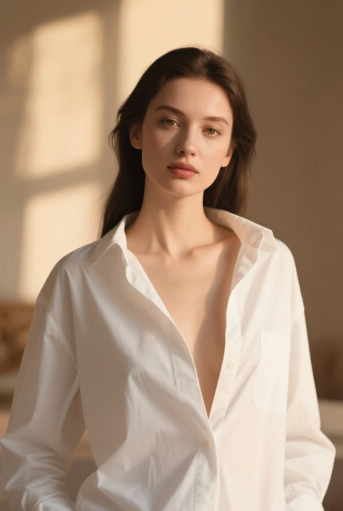 8K, best quality, masterpiece, 18 year old girl wearing white blouse unbuttoned, ((angry look in face)), wearing red lipstick and dark eye shado, wearing a small key on a necklace