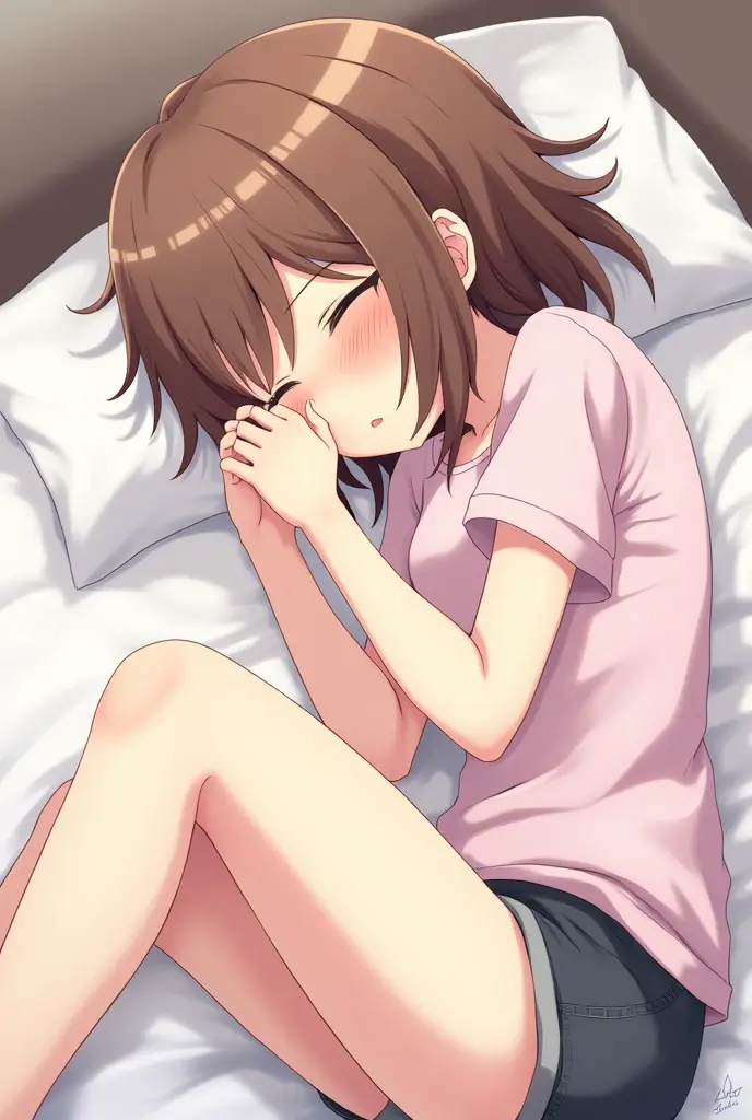 Brown haired anime girl in shorts lying down with her legs spread wide blushing asleep 