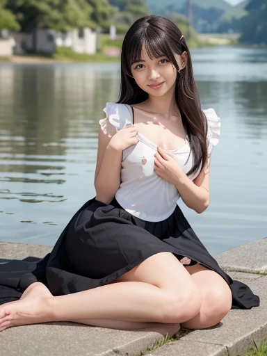 (masterpiece, highest quality:1.4), Award-winning portraits, 8k, 85mm, alone, Beautiful Face, Delicate girl, (Cheerleader、On the grass), Sophisticated, cute, , RAW Photos, Confused, High resolution, Sharp focus, Background Blur、(((flat 、thin and delicate body、Childish atmre)))、shiny semi-long hair、Mole on the left cheek、 Dark blue eyes、the skirt is swaying in the wind、Hair swaying in the wind、sexy、flexible legaked