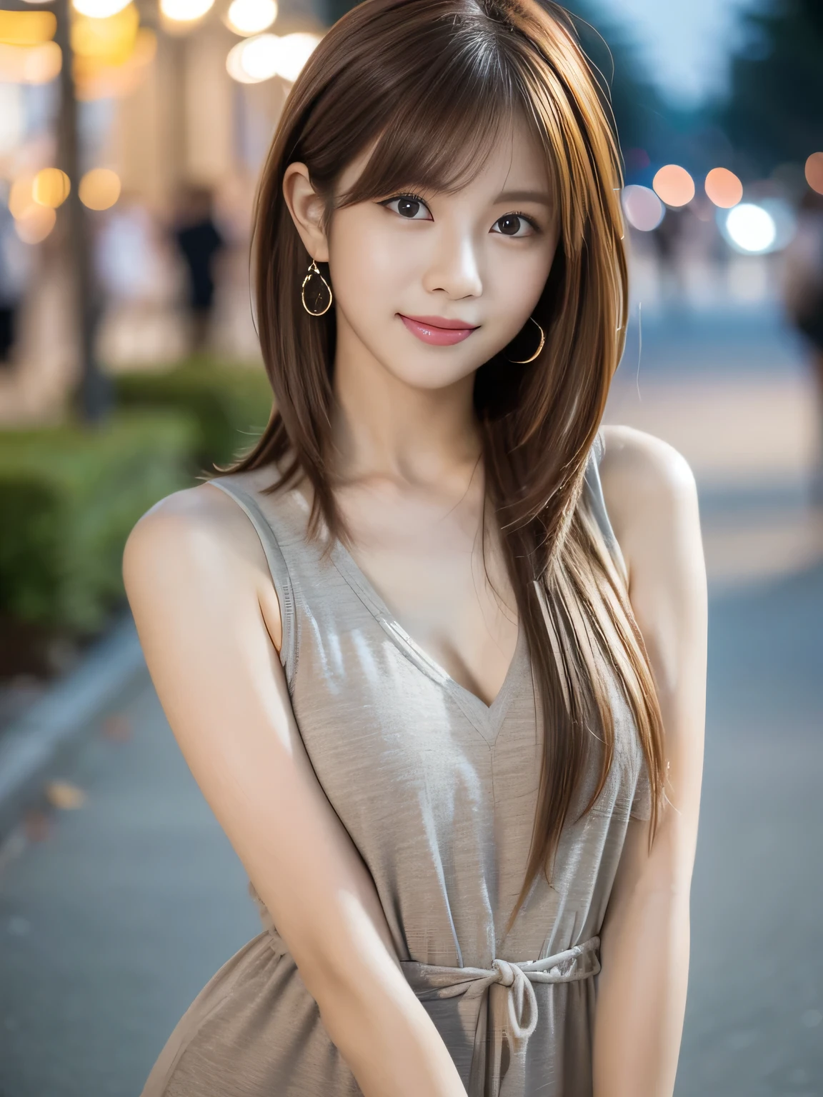 A beautiful young Korean Idol, model-like appearance, elegant style, upper body shot, POV, wearing a monochrome street fashion outfit, (houlder Length Hairstyles with brown ashhair:1.3), Attractive smile, (Date in the park at night:1.2), realistic skin texture,dim light, dark color tones, low key lighting, moody atmosphere, radiant skin, ethereal aura, subtle highlights, realistic lighting, highly detailed, high resolution,