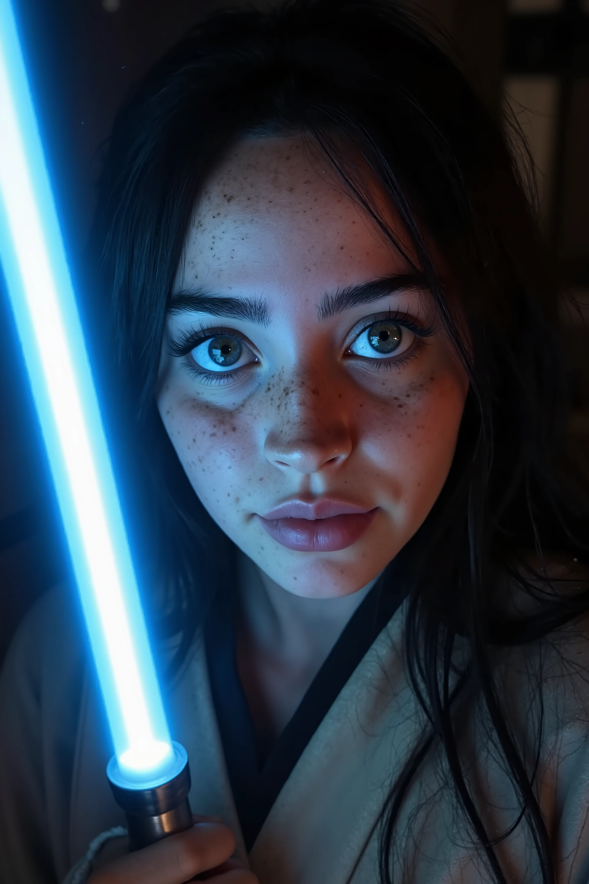 Please create a poster of a closeup of a beautiful female jedi holding a blue lightsaber and looking straight into the camera with determination in her eyes. The picture should look like a Star Wars wallpaper with dark background and cinematic look.