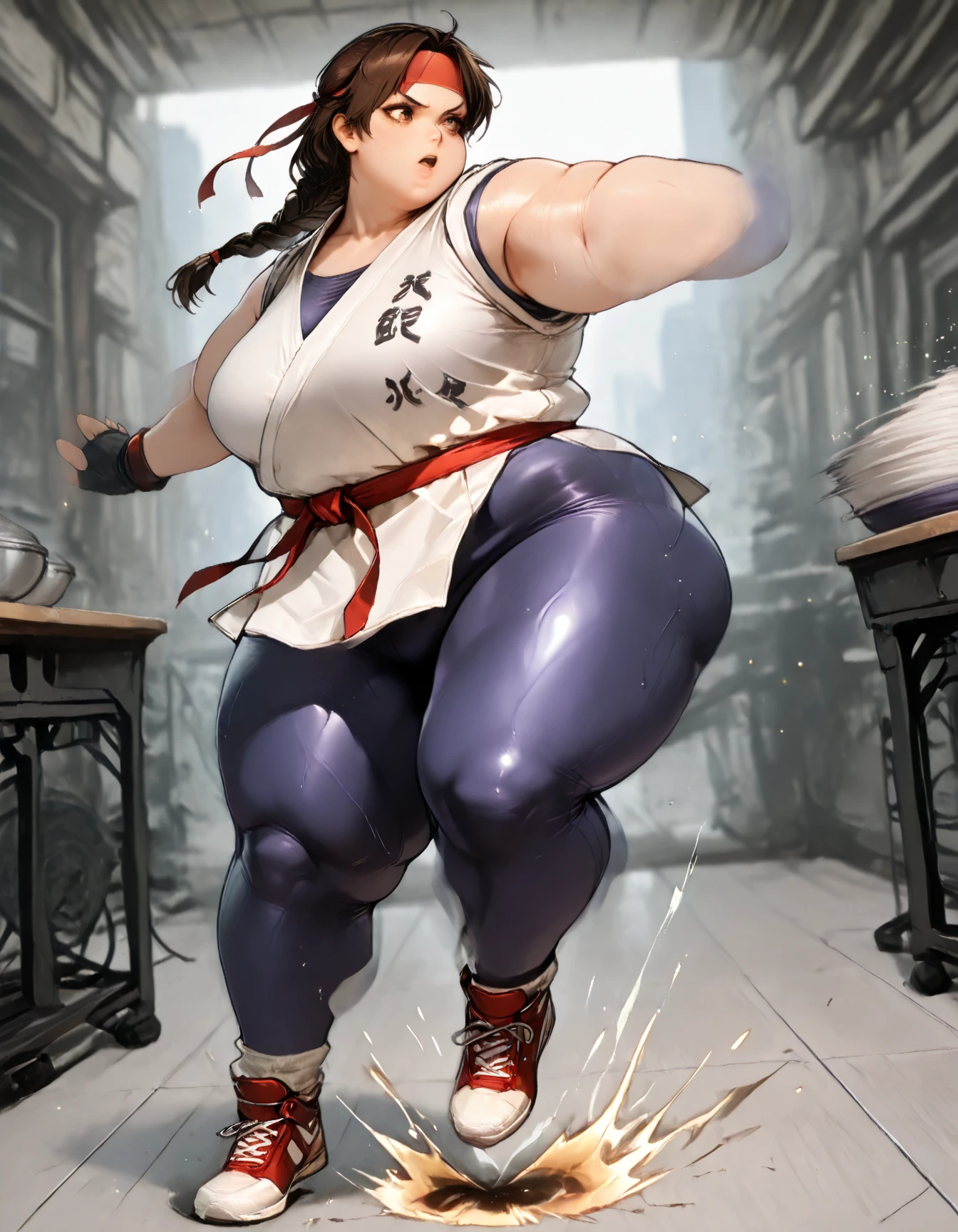 anime,high aesthetic,masterpiece, volumetric lighting,best quality,highres,detailed,full body,defTifa, white crop top, elbow pad, fingerless gloves, suspenders, pencil skirt,black socks,red boots,ussbbw,drooping belly,bottom heavy body,final fantasy vii, <lora:tifa-nvwls-v1-final:1>, <lyco:symodel-3-0-a3-lyco-extract:1>