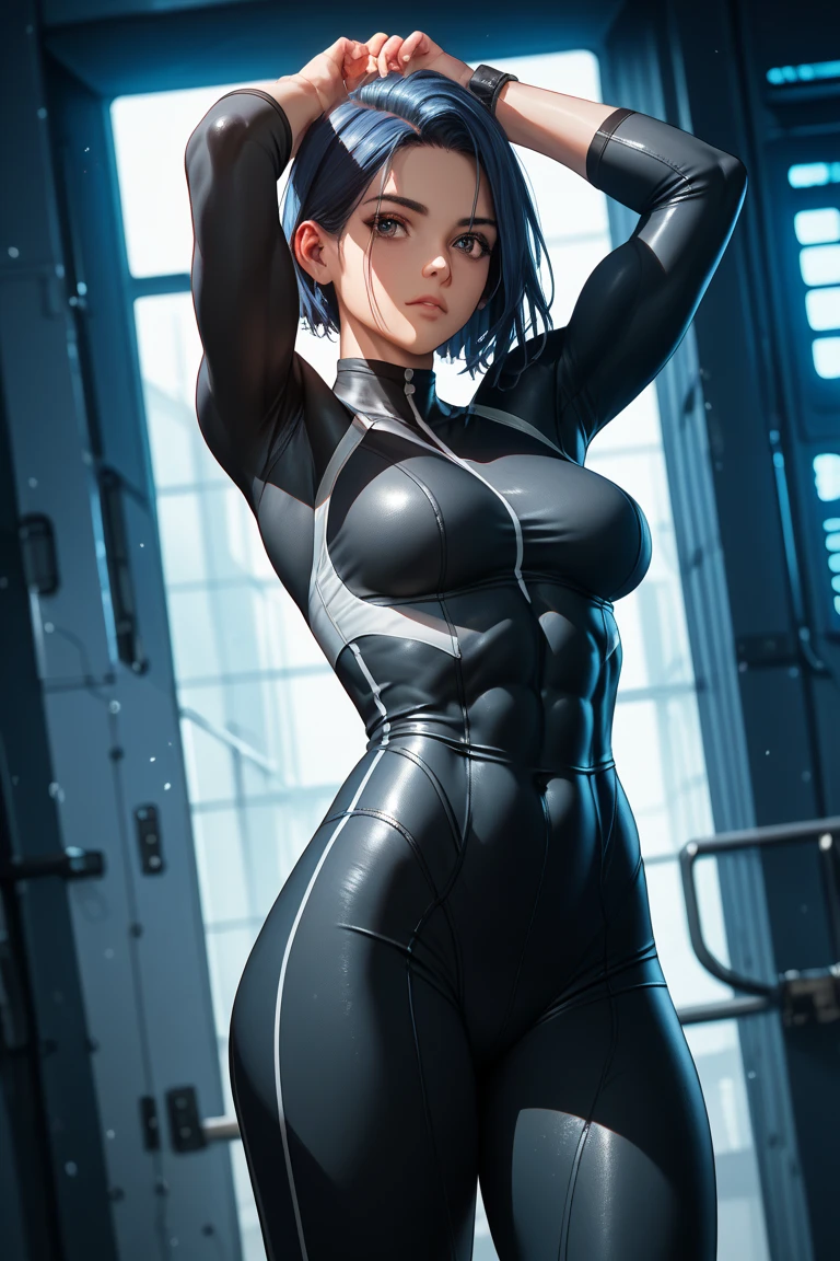 (Muscular:1.5), (thick thighs:1.4),
woman, (big smile:1.6),
(flat chest:2),
eyeshadow, lipstick, earrings, (body suit:1.4),
looking at viewer, sexy pose, three quarter view, standing,
dark bedroom, rim lighting, detailed skin, detailed eyes
