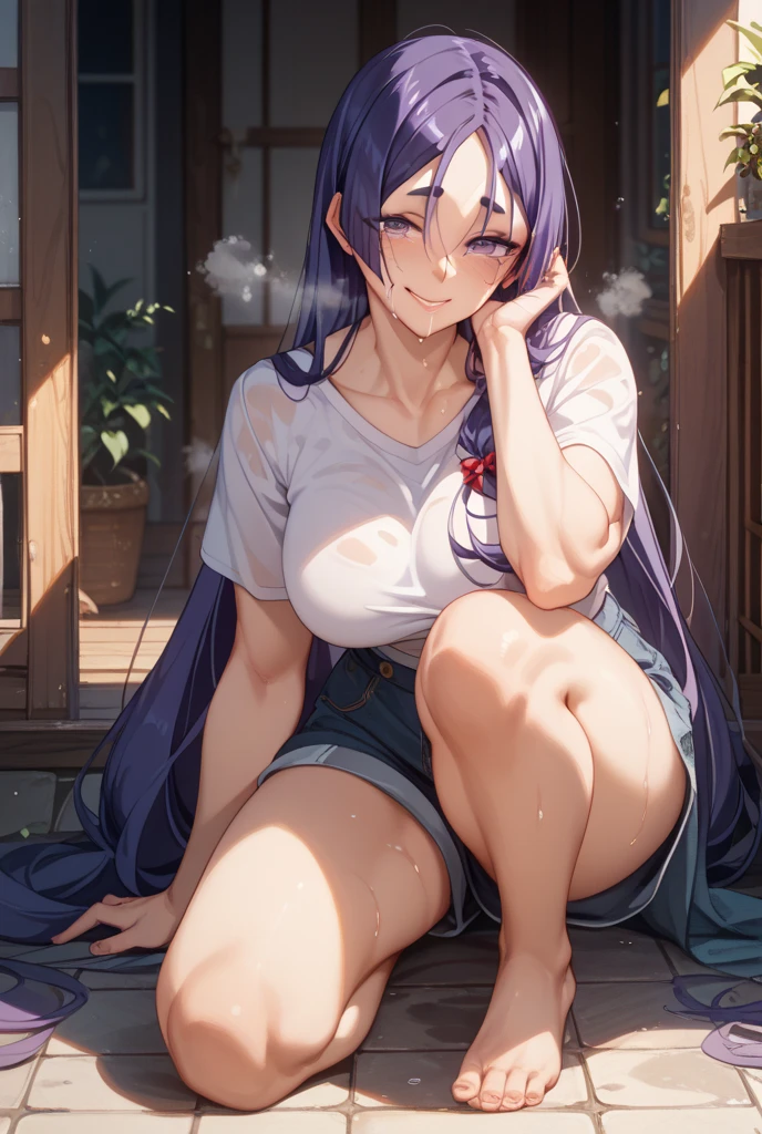 (Fraction_9,Fraction_8_Direction_7_up),1 Girl,beautiful_Face,White eyes,Hyuga Hinata,Dark blue hair,Big breasts,whole body,Bare thighs,Stretch barefoot