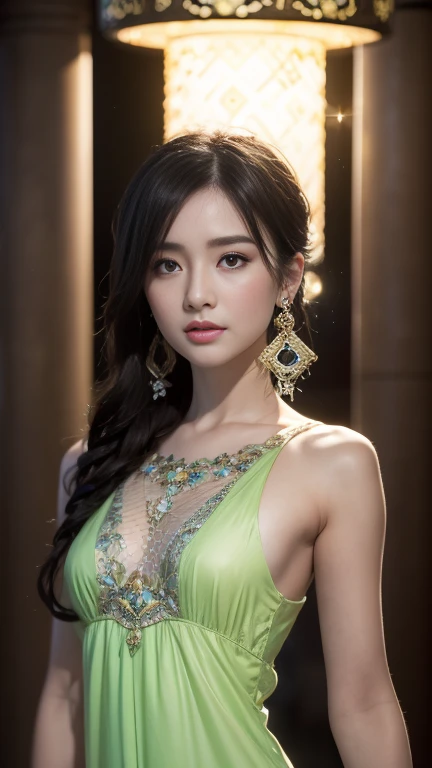ultra-detailed half body photo of a young Asian women merging with the bioluminescent environment, inside a sparkling blooming overgrown geode, waterfal, misty, she ral-dissolve into particles, waving gossamer crystals made of ral-crztlgls, she glows with an ethereal radiance, deep state of bliss, dreamlike scenery, best quality