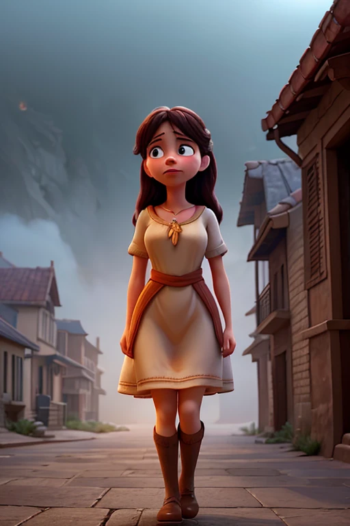 mujer morena clara, small nose, Brown eyes, Cabello largo y ondulado lila vestido como una princesa dentro de un arcoiris,  the name Denis in the style of Tim Burton in the strange world of Jack