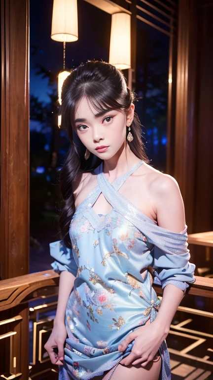 absurdres, RAW photo, extremely delicate and beautiful, masterpiece, Best Quality, ultra high resolution, 32k, hyperrealistic, ultra-detailed, perfect figure, in her 20s, very small head, very small face, delicate facial features, tearful mole, earring, (huge breasts), legs, (full body shot), whole body shot, medium hair, black hair, cheongsam, sleeveless, deep slit,