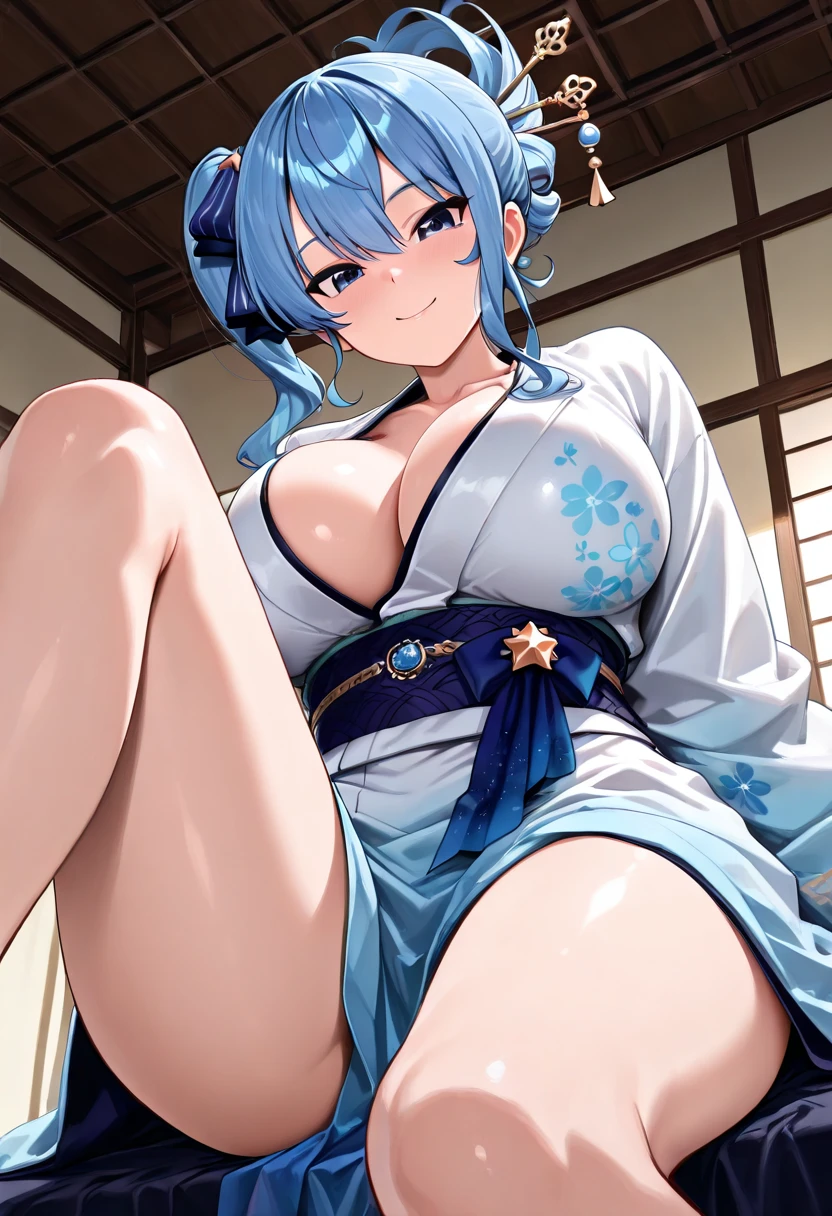 (((highest quality, High resolution, Like Japan cartoons))) ,((Bear耳,Bear,Bear耳の獣人)),blue eyes, 1 girl, alone, looking at the viewer, blue hair, medium breasts, No bra,closed mouth, clavicle, white kimono, Broken kimono,cleavage,Two-dimensional beautiful girl,Japan anime beautiful girl