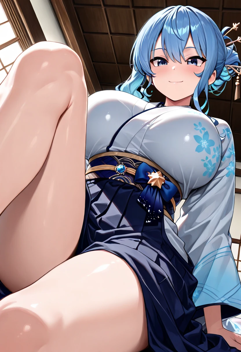 masterpiece, best quality, highres, rimuru tempest, blue hair, long hair, huge breast,huge cleaveage,dragon print kimono,blush,lewd face,dakimakura