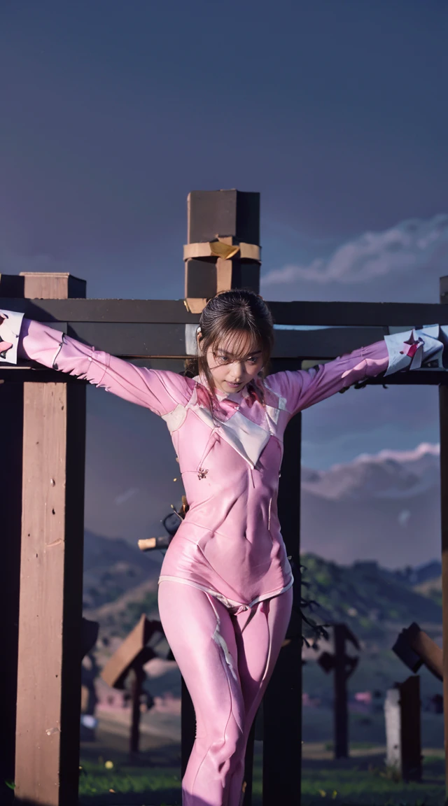 Highest quality,masterpiece,Ultra-high resolution, Very detailed, 8k,(Beautiful woman),Beautiful Japanese Women:1.5,Black Hair、((Crucifixion)),torture,slave,((クロスにCrucifixionにされた女性:1.5)),Crucifixion刑, Type X, (Silver and pink bodysuit, Plump, Slightly thicker)