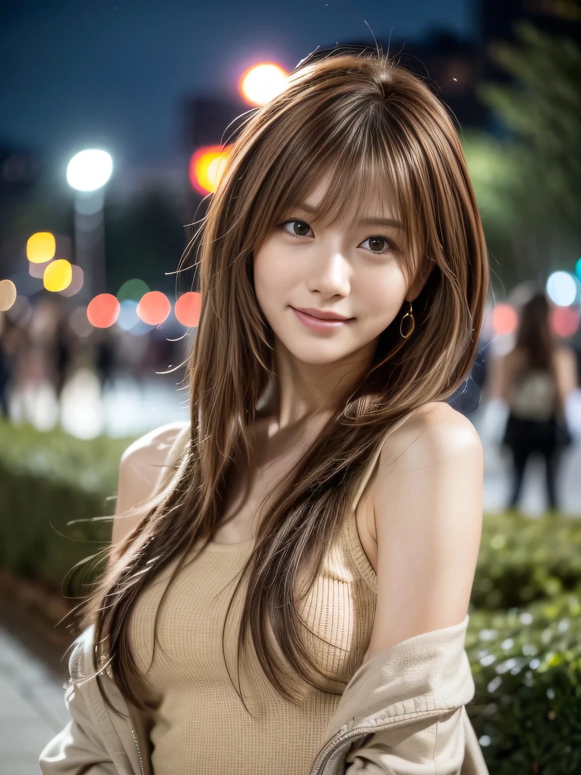 Ultra High Definition, Superior Quality, Premier Quality, ultra detailed, Photorealistic, 8k, RAW Photos, highest quality, masterpiece, Attractive girl, Stunning girl, Brown Hair, Shoulder Length Layered, asymmetrical bangs, Japanese Idol, Sophisticated, Stylish, blouse,Shibuya,