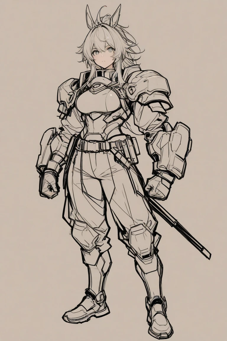 monochromatic、22 years old、woman、Asian、Moderate bust、Simple Background、solo、slender、1 person、armor、pocket。