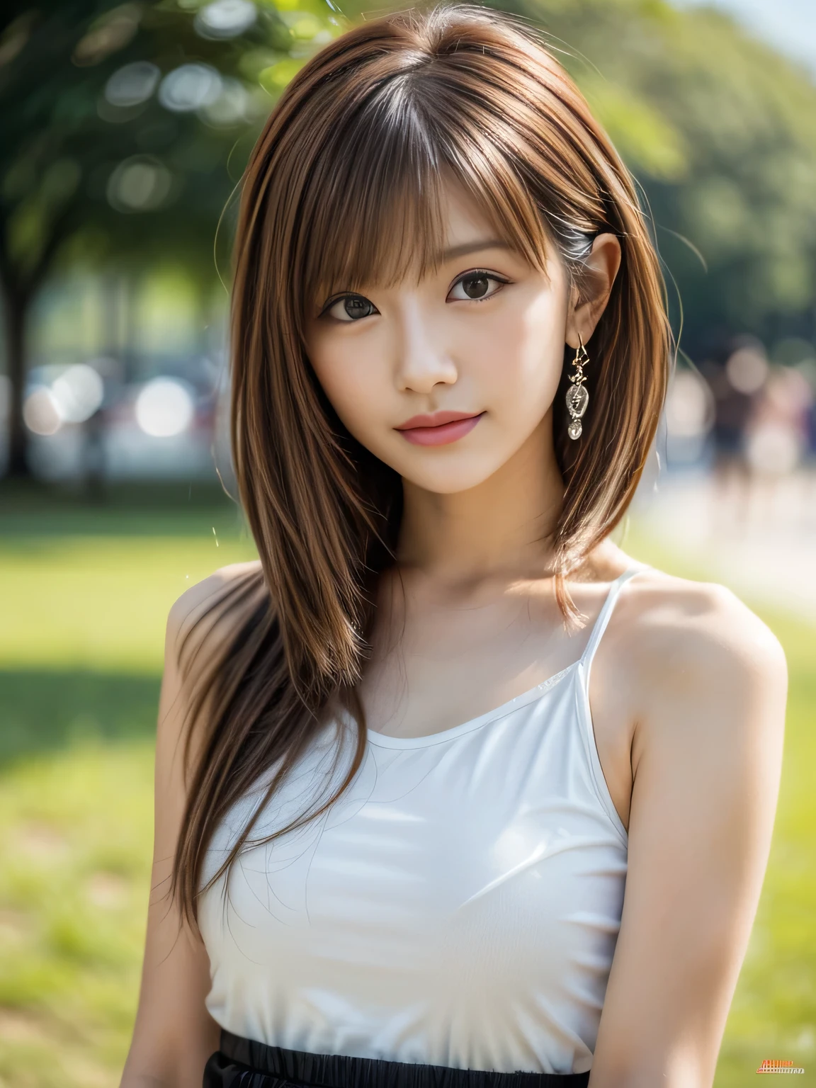 masterpiece, best quality, ultra high res, ultra detailed, sharp focus, 1girl, solo, a stunning pretty and beautiful Japanese sexy model, 19yo, looking at viewer:1.3, (bright smile:0.6), wearing a (blouse), dusk, sunset, night, realistic, slender, (standing:1.1), (looking at the viewer:1.3), sexy gaze, blush, (upper body shot:1.6), medium hair, messy hair, asymmetrical bangs, light brown hair, messy hair style,
