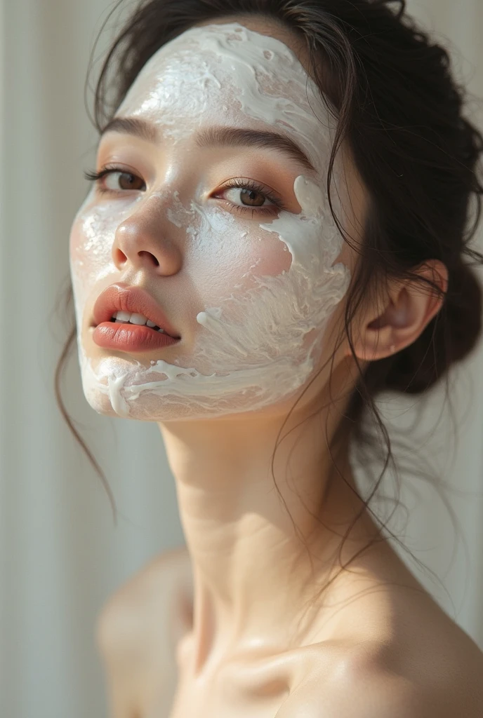(highest quality、Tabletop、8k、Best image quality、Award-winning works)、One woman、(Close-up of face:1.3)、nude、(Pure white background:1.3)、Black Hair、(Semen-covered face:1.3)、(Closed lips:1.1)