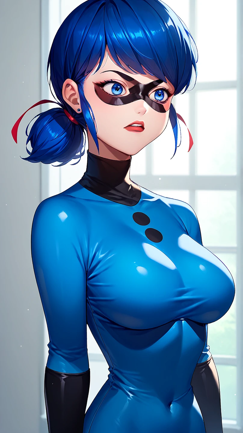 Bubbles from Powerpuff Girls as a Violent Mature Themed Action Anime, ecchi battle damage and wear, Damaged and Ripped clothes, large bouncy breasts:1.2, blue and black clothes