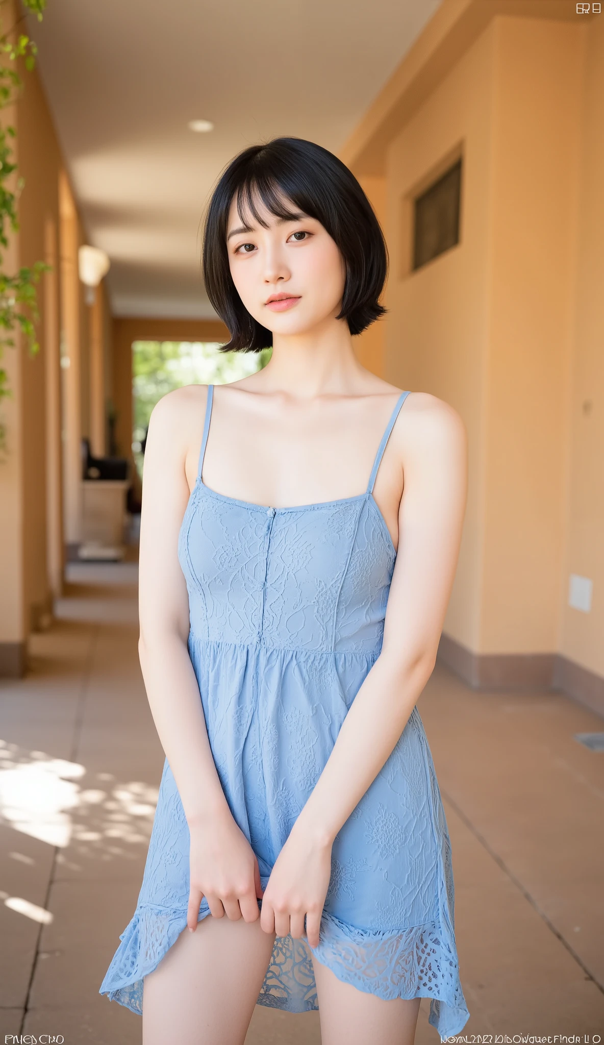 You are a professional photographer。 , short hair blown by the wind. She has a faint smile , Perfect Eyes, Perfect hands, Perfect body, Perfect Hair, Accurate身体, masterpiece, Accurate, Anatomically correct, Rough skin, Very detailed, Advanced Details, high quality, 最high quality, High resolution, 16K, 8K, Looking into the camera,Bold fitted dress、Thighs、Pearl White、Black panties