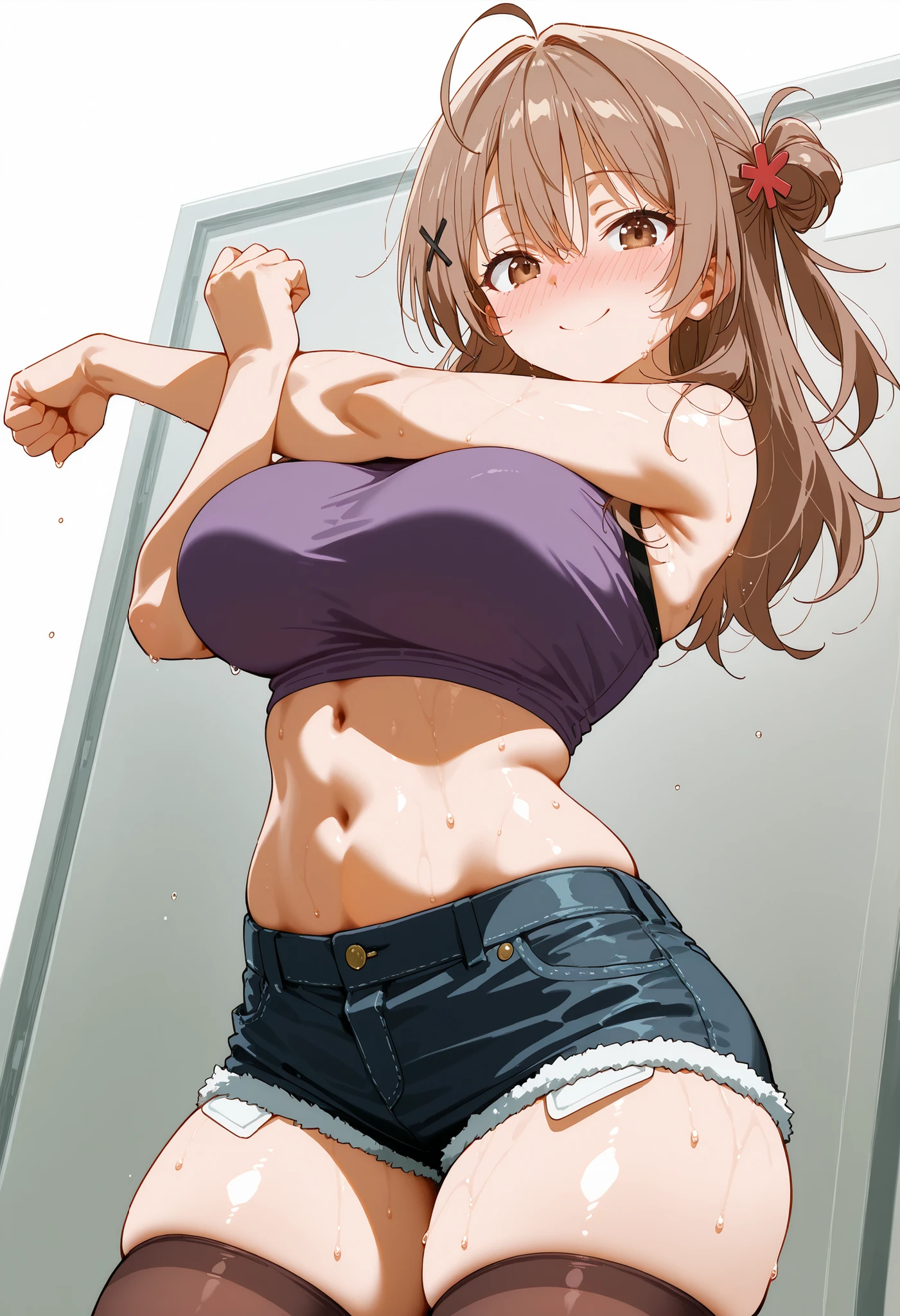 score_9, score_8_up, score_7_up, source_anime, maria mikhailovna kujou, long hair, bangs, brown hair, hair ornament, hair between eyes, brown eyes,, large breasts,,, pleated skirt,, black skirt, red, smile, looking at viewer,, solo,, cowboy shot, dutch angle, large bust tightly pressed into a dark purple crop top, subtle breast stretch and fabric tension, short distressed denim shorts accentuating wide hips and thick thighs, high stockings over smooth legs, toned midriff and navel showing, playful pose pulling down her top strap with a teasing expression, shot from a slightly top-down angle to emphasize chest and curves, glossy highlights on skin and fabric, soft white background, ultra-detailed anime art, 8k, masterpiece, looking at viewer, nose blush, shiny legs, shiny body, shiny hair, clear skin, clear body, sweat, sweaty, sweaty:1.3, solo, thick thigh, thick thighs, solo, female, large breasts,, looking at viewer, large breasts, STANDING, POSING, COWBOY SHOT, NICE LEGS, opaque clothes