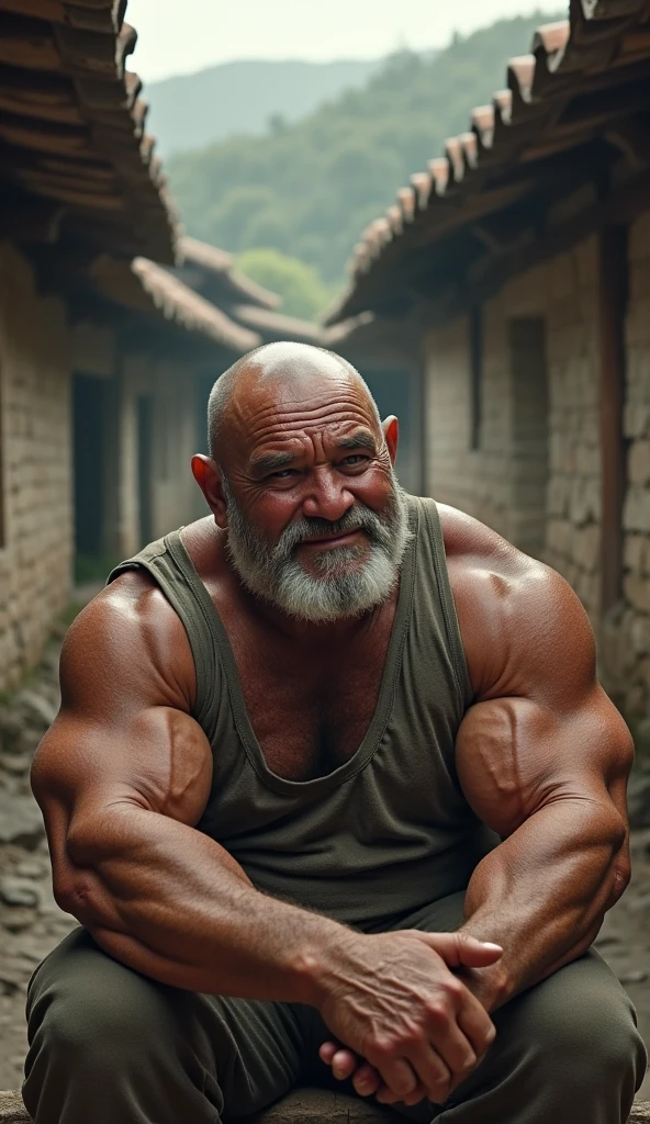 A handsome mature old Assyrian dad with a massive beard and no shirt standing in front of a door,bald head,hyper muscular, pumped, roids, huge pecs, arms, biceps, shoulders, male focus, centered, tan skin, dom, meticulous muscle definition, detailed face, big sexual energy, (60 years old)