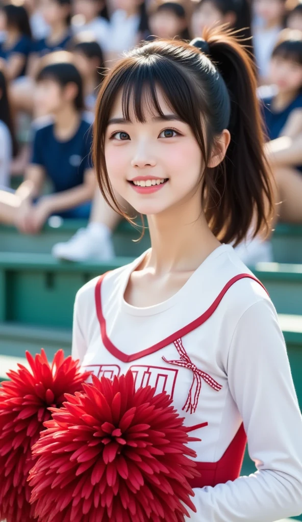 Portray a person with a cute hairstyle, sporting a sweet smile, while enjoying a candy apple, all depicted in the style of Japanese photography with hyper-realistic portraits. Dress the individual as a cheerleader and incorporate instruments typically used in an orchestra. Utilize a local cityscape as the background and experiment with shades and out-of-focus elements using an instant camera