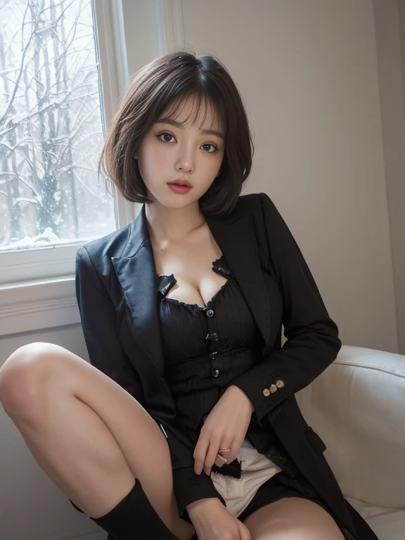 highest quality，whole body，woman，Blunt bangs，Black Hair，Short Crop Hair，Shiny Hair，With big eyes、tea，bright、Has a lively expression，健康的でbright肌の色，Small Mouth，Thick lips，Big Breasts，The thighs are a little thicker，Looking at the camera，Cinema Lighting，Black suit，Black slacks， Small Ass，，Wearing black sunglasses，