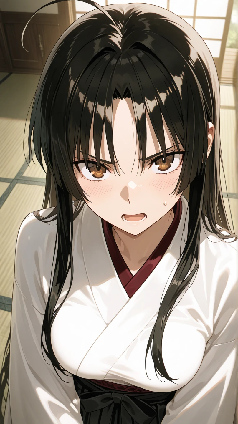 adolescent, black hair one black eye and the other yellow, kimono all torn and very faint purple in color, scratches on the body and bleeding, and holding a knife