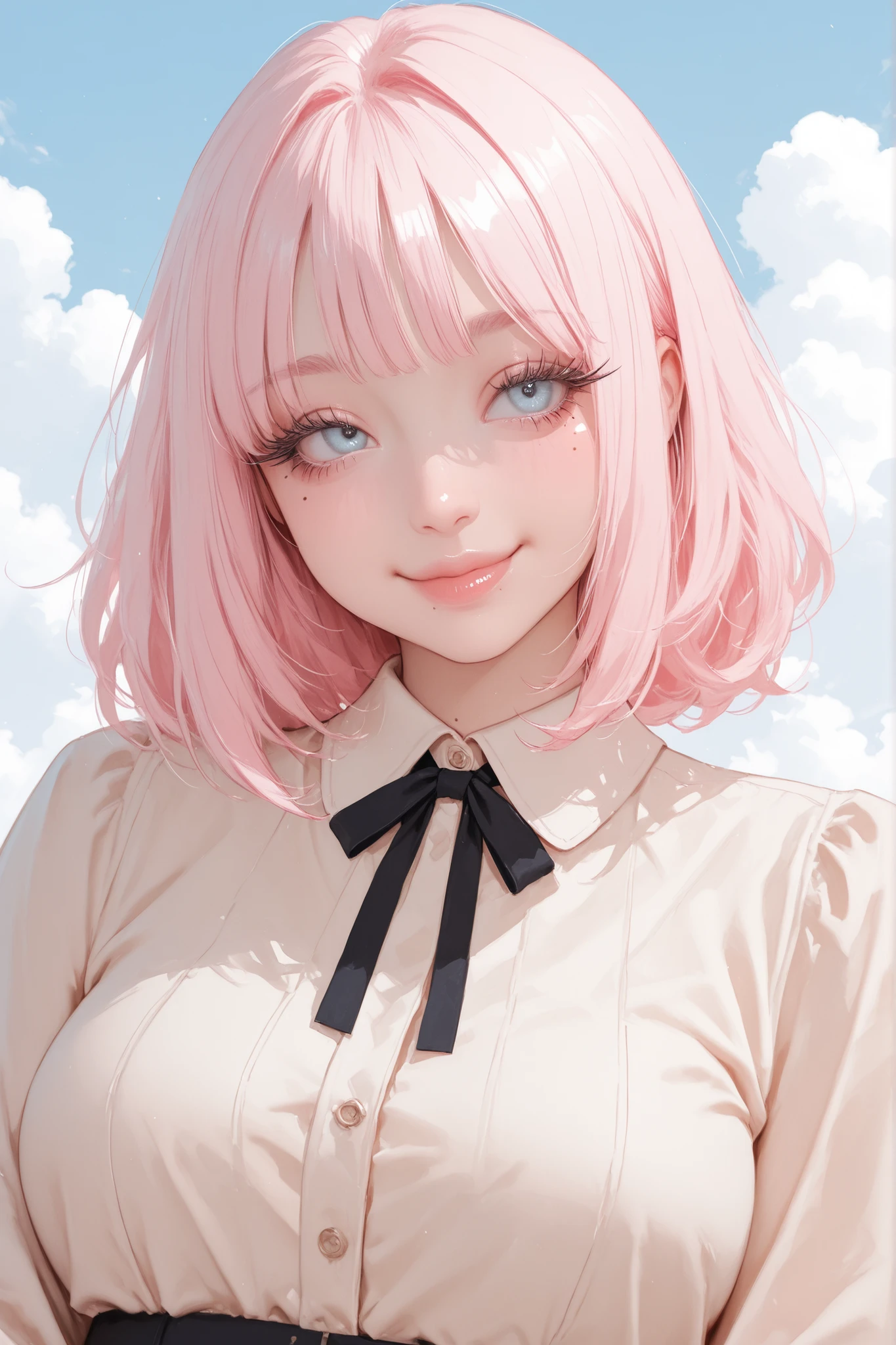 A beautiful girl, she has cute short light pink hair with bangs, light blue eyes, cute outfit, long eyelashes, cute smile, plump lips, mole under her eye, on a background with clouds.
