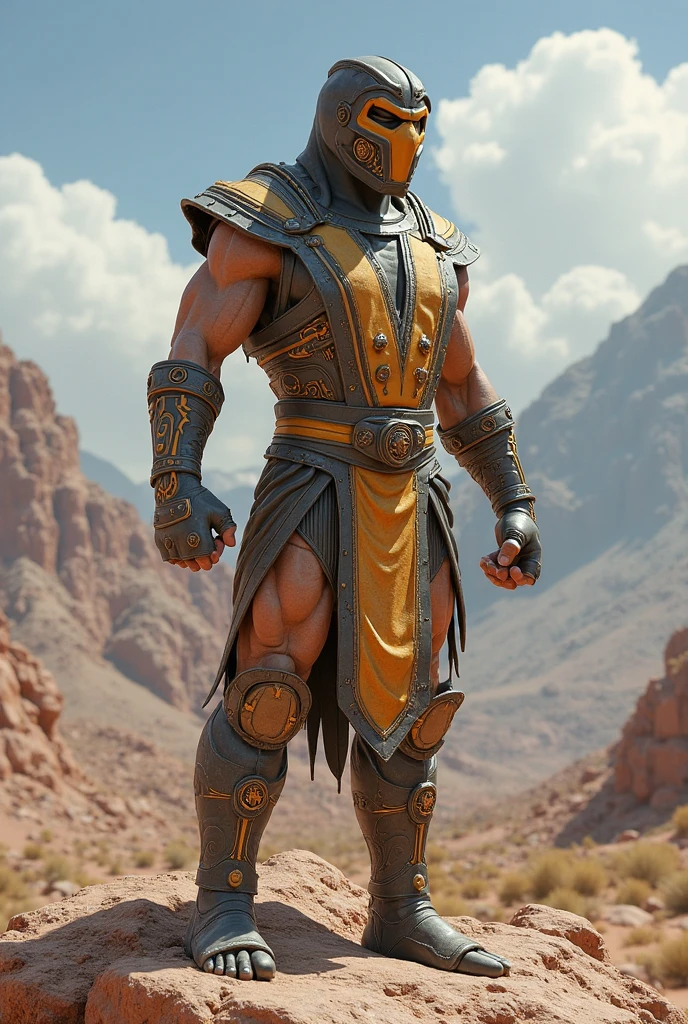 ((Tom Hopper)) as Tremor from Mortal Kombat, ninja warrior, ((stone arms)), ((stone gloves)), shaved head, ((brown ninja costume)) with black parts, ((hood)), straps around wrists and forearms, 1man, solo, full body view, intricate, high detail, sharp focus, dramatic, photorealistic painting art by greg rutkowski